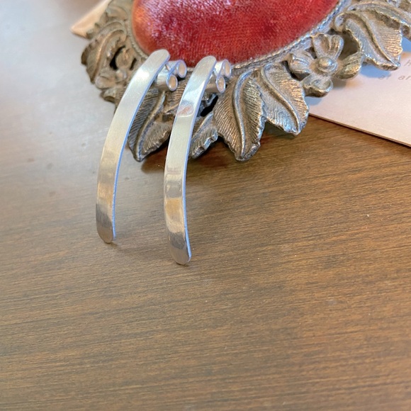 SOLD-Vintage Artisan Made Minimalist Silver Tone Slight Curve Pierced Earrings - Picture 3 of 9